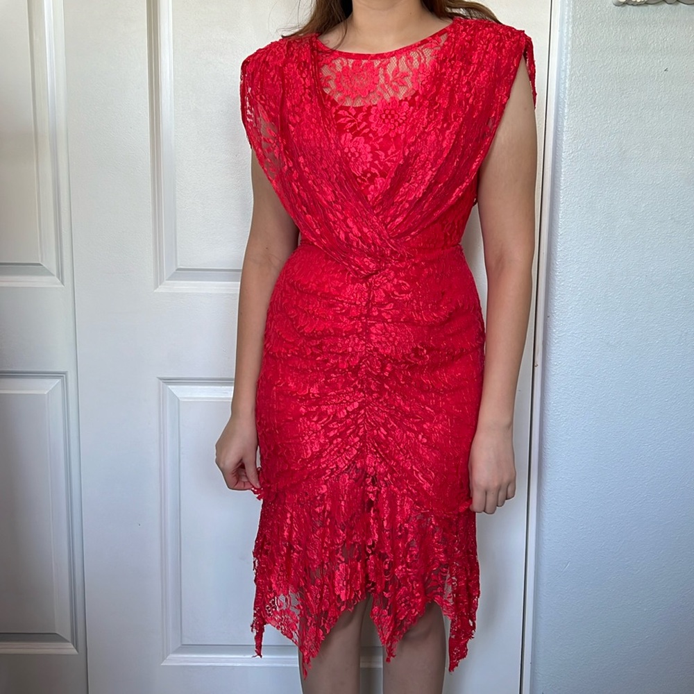 Vtg 70s 80s vixen coral red lace wiggle layered dress M 8